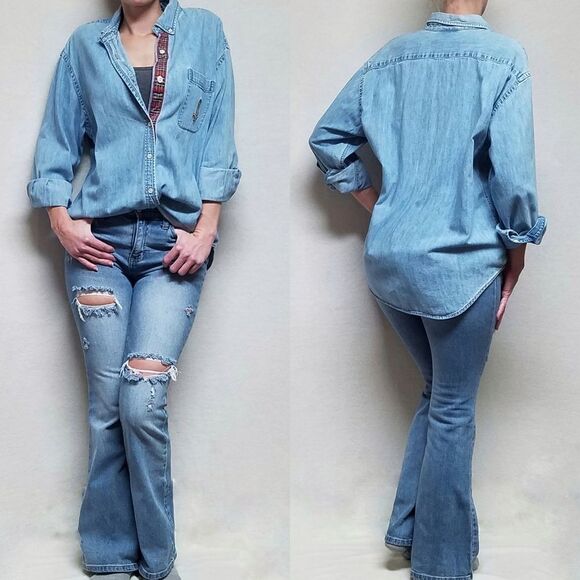 Vintage 1990s Lauren Ralph Lauren Chambray Stone Wash Button Up Logo Top Large - Picture 1 of 13